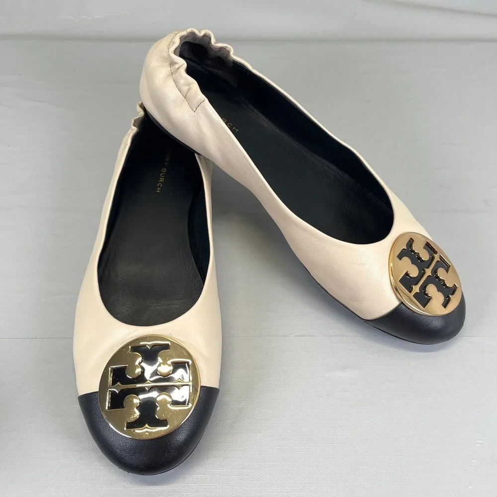 Tory Burch Claire Ballet Flats Womens Size 7.5 Cream Black Leather Cap Toe Shoes